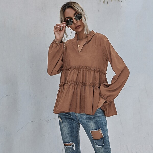 

Notched Neck Frill Trim Peplum Blouse, Apricot