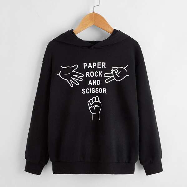 

Boys Slogan and Hands Print Hoodie, Black