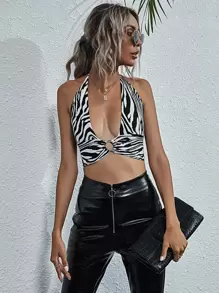 Top halter de espalda abierta con cordón de rayas de cebra - Blanco y Negro - Ver 1