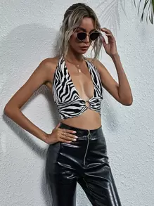 Top halter de espalda abierta con cordón de rayas de cebra - Blanco y Negro - Ver 6