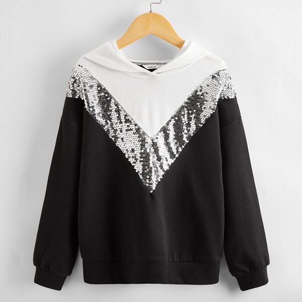 

Girls Contrast Sequin Chevron Colorblock Hoodie, Black and white
