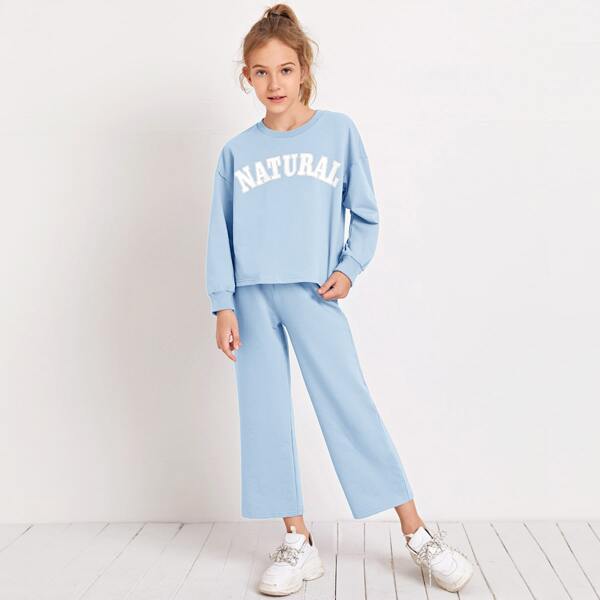 

Girls Drop Shoulder Letter Graphic Pullover & Pants Set, Baby blue