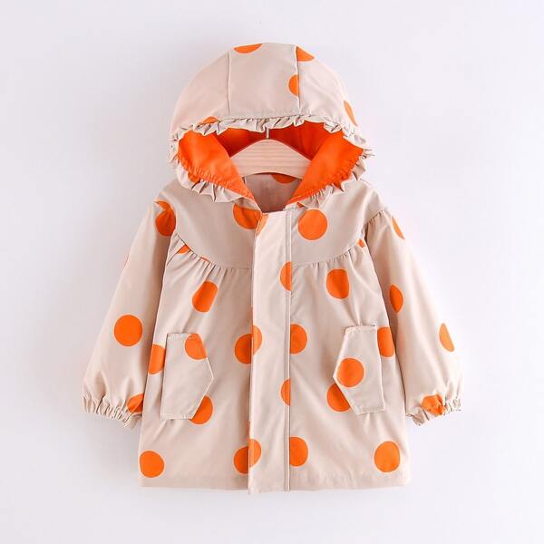 

Toddler Girls Polka Dot Flap Detail Frilled Hooded Coat, Beige