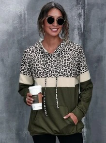SHEIN LUNE Capucha de color combinado con estampado de leopardo con bolsillo - Multicolor - Ver 1