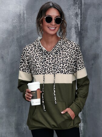 Kangaroo Pocket Leopard Print Color Block Hoodie