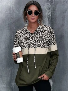 SHEIN LUNE Capucha de color combinado con estampado de leopardo con bolsillo - Multicolor - Ver 3