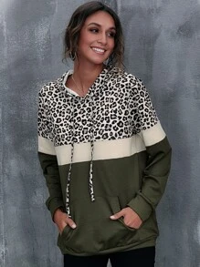 SHEIN LUNE Capucha de color combinado con estampado de leopardo con bolsillo - Multicolor - Ver 5
