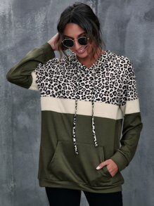 SHEIN LUNE Capucha de color combinado con estampado de leopardo con bolsillo - Multicolor - Ver 6