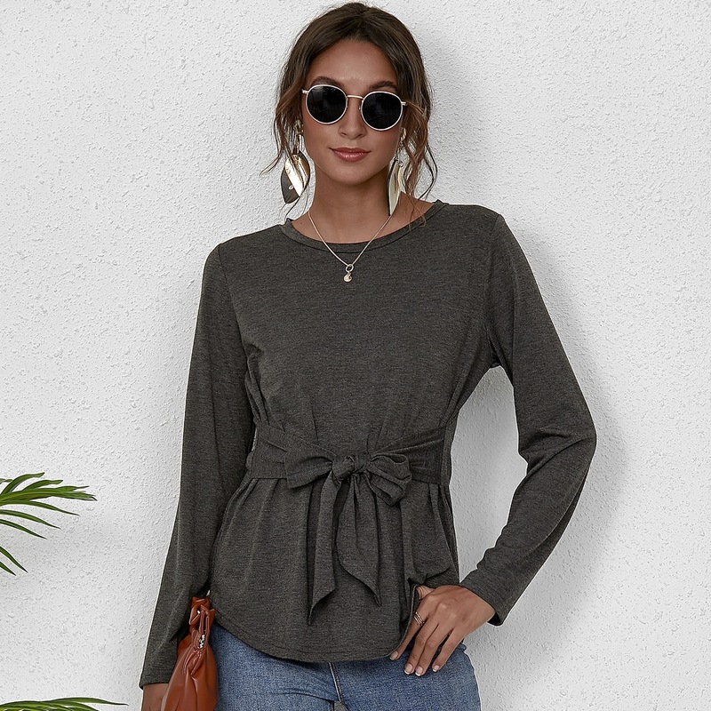 

Tie Front Curved Hem Tee, Dark grey