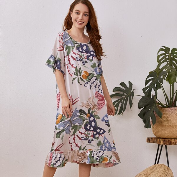 

Butterfly And Plants Print Nightdress, Multicolor