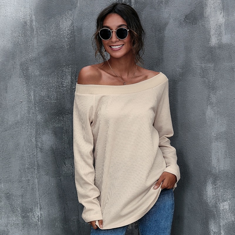 

Off Shoulder Waffle Knit Tee, Apricot