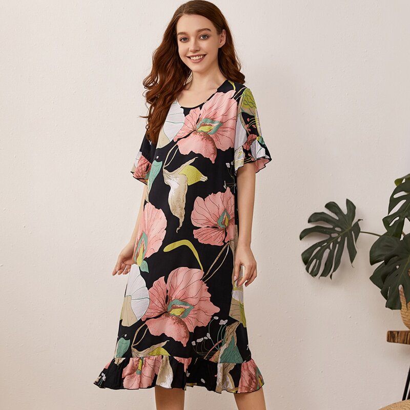 

Large Floral Flounce Sleeve Ruffle Hem Nightdress, Multicolor