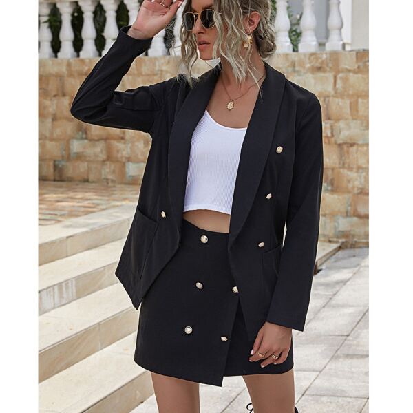 

Button Dual Pocket Blazer & Wrap Skirt, Black
