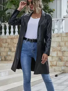 Lapel Collar Single Breasted Dual Pockets PU Coat