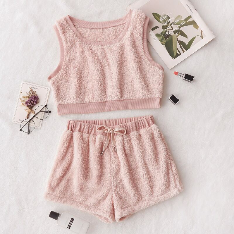 

Rib-knit Trimed Flannel Top & Drawstring Waist Shorts Lounge Set, Dusty pink