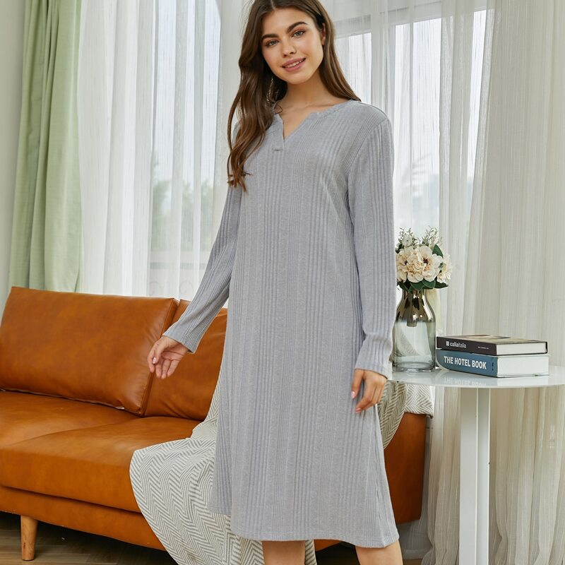 

Notched Neck Solid Lounge Dress, Grey