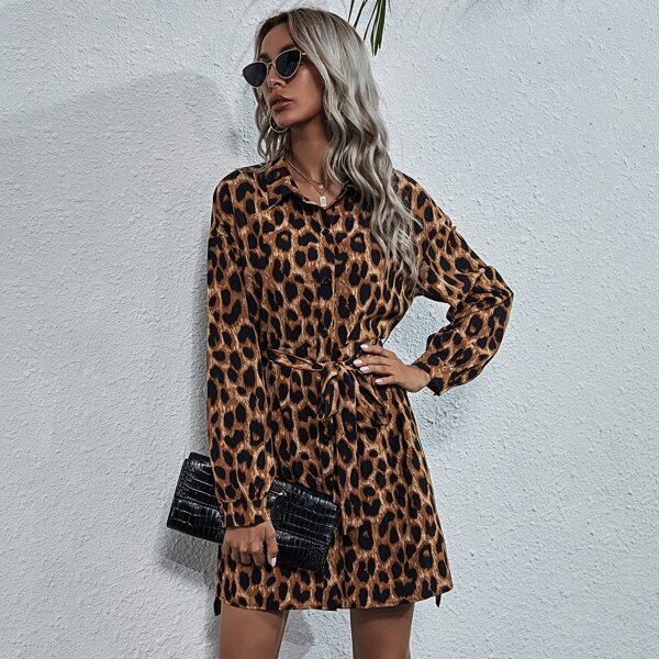 

Leopard Print Belted Shirt Dress, Multicolor