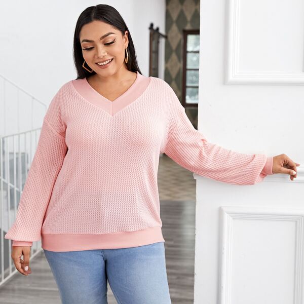 

Plus Drop Shoulder Waffle Knit Sweatshirt, Baby pink
