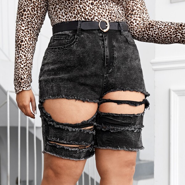 

Plus Distressed Raw Hem Denim Shorts, Dark grey