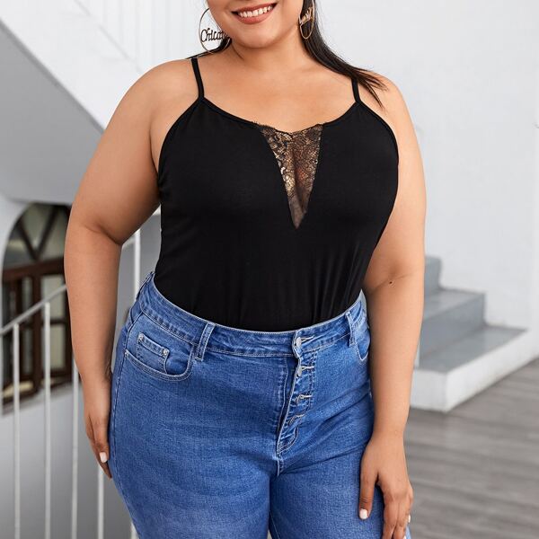 

Plus Contrast Lace Cami Top, Black