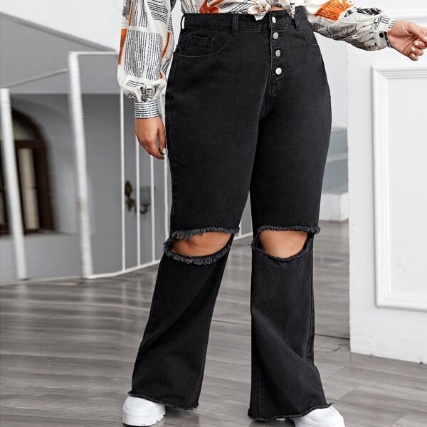 

Plus Button Fly Raw Hem Ripped Flare Jeans, Black