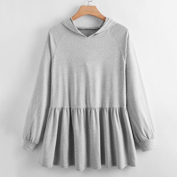 

Plus Ruffle Hem Raglan Sleeve Hooded Sweatshirt, Light grey