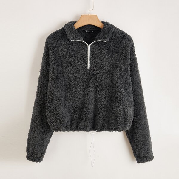 

Plus Drop Shoulder Half Zip Teddy Sweatshirt, Dark grey
