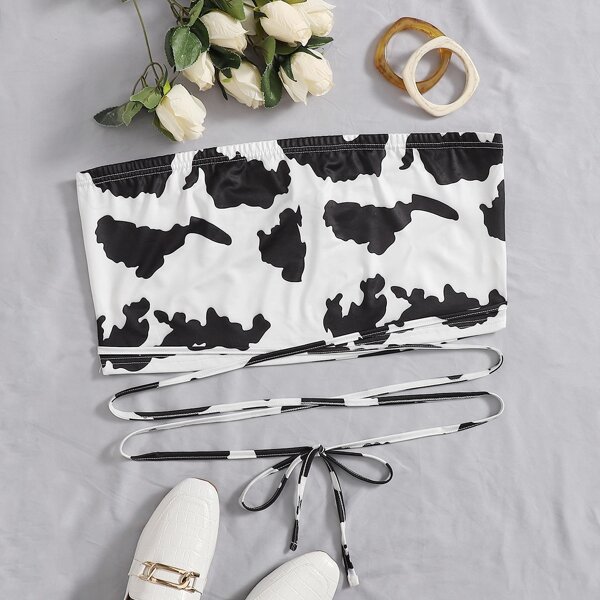 

Plus Cow Print Tie Front Crop Top, Black and white