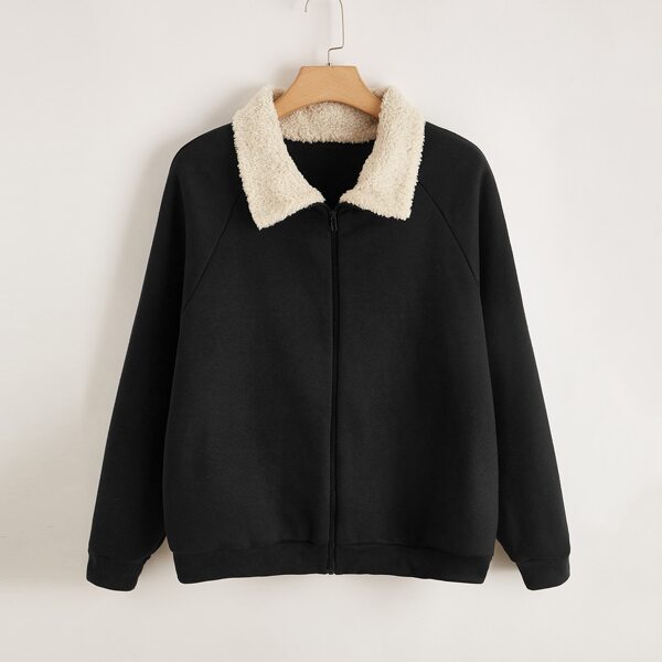

Plus Raglan Sleeve Borg Collar Jacket, Black