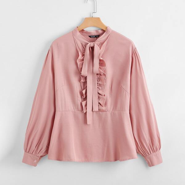 

Plus Tie Neck Ruffle Babydoll Blouse, Dusty pink