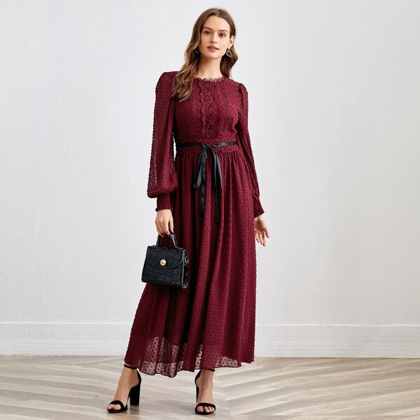 

Lantern Sleeve Lace Detail Belted Swiss Dot Dress, Burgundy