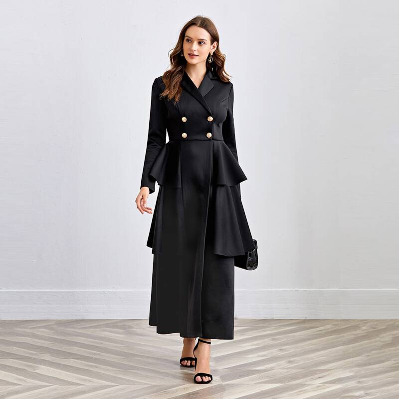 

Notch Collar Button Fly Layered Ruffle Hem Blazer Dress, Black