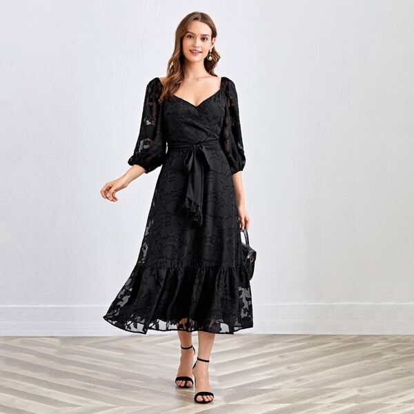 

Surplice Neck Lantern Sleeve Flounce Hem Tassel Self Belted Applique Dress, Black