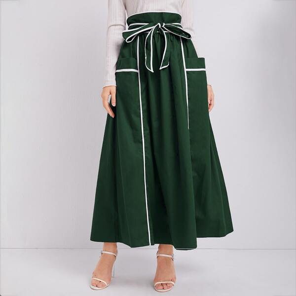 

Contrast Binding Detail Belted Maxi Skirt, Dark green