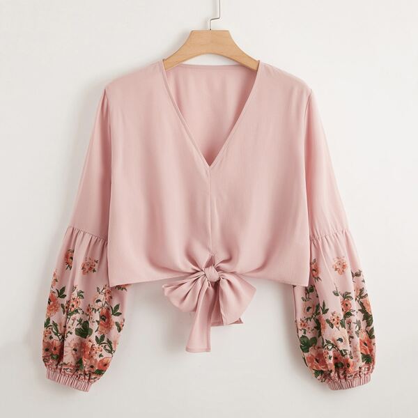 

Plus Floral Print Tie Front Blouse, Baby pink