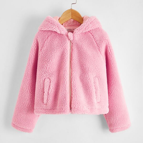 

Girls Floral and Letter Embroidered Raglan Sleeve Teddy Jacket, Pastel baby pink