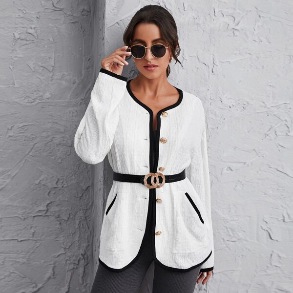 

Contrast Binding Button Up Coat Without Belt, White