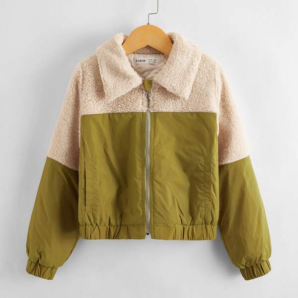

Girls Zipper Up Teddy Panel Padded Jacket, Multicolor