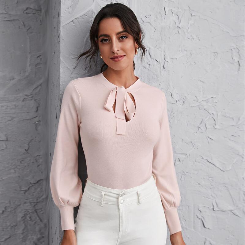 

Tie Neck Lantern Sleeve Sweater, Pastel baby pink