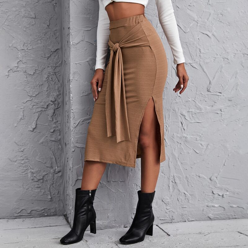 

Tie Front Split Thigh Skirt, Camel