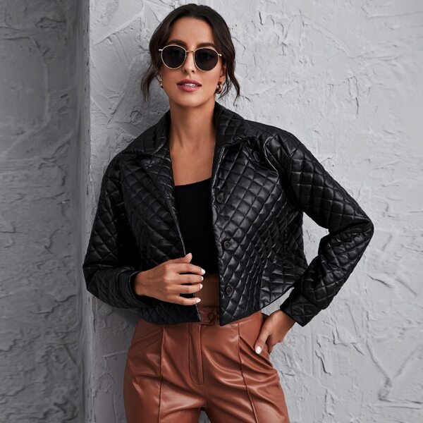 

Collared Buttoned Front PU Leather Quilted Jacket, Black