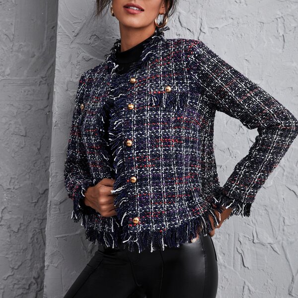 

Button Front Fringe Trim Plaid Tweed Jacket, Multicolor