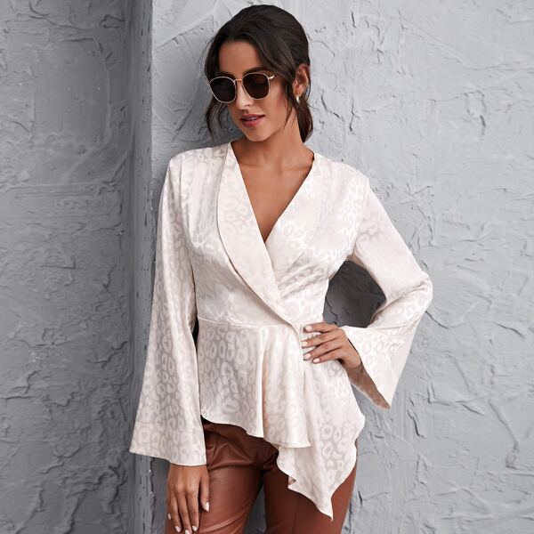 

Shawl Neck Asymmetrical Hem Flounce Sleeve Top, Apricot