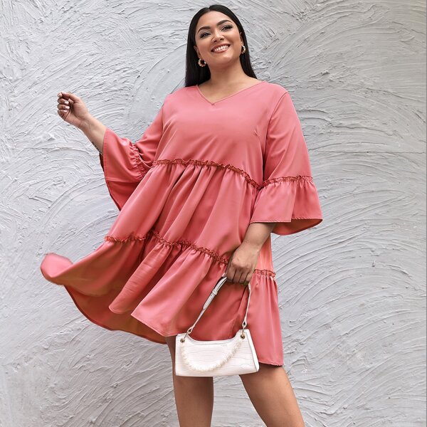 

Plus Solid Frill Trim Babydoll Dress, Watermelon pink