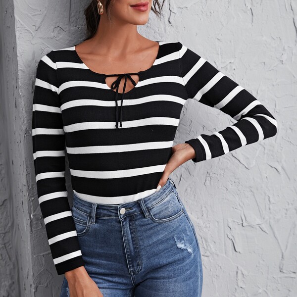 

Tie Neck Fitted Striped Sweater, Black and white