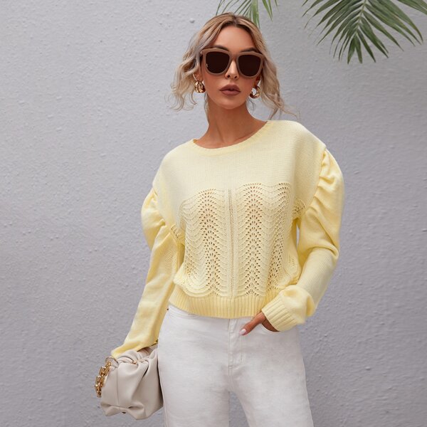 

Gigot Sleeve Pointelle Knit Sweater, Yellow pastel