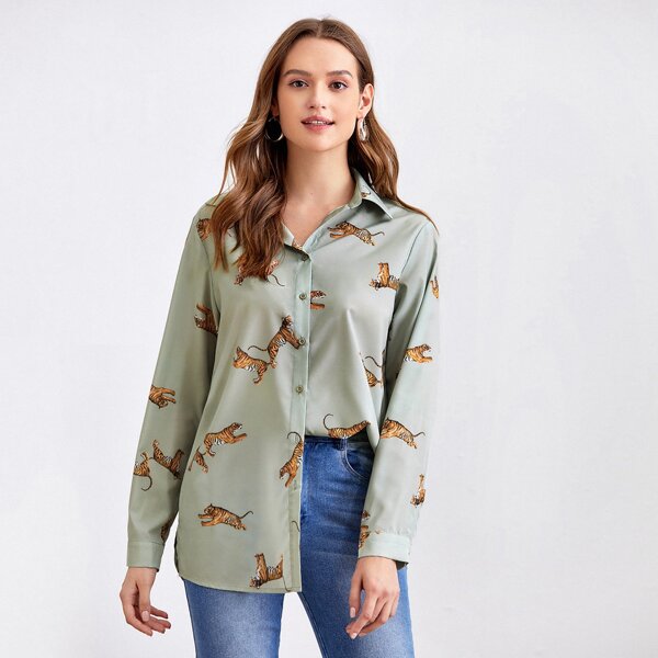 

Tiger Print Long Sleeve Blouse, Mint green