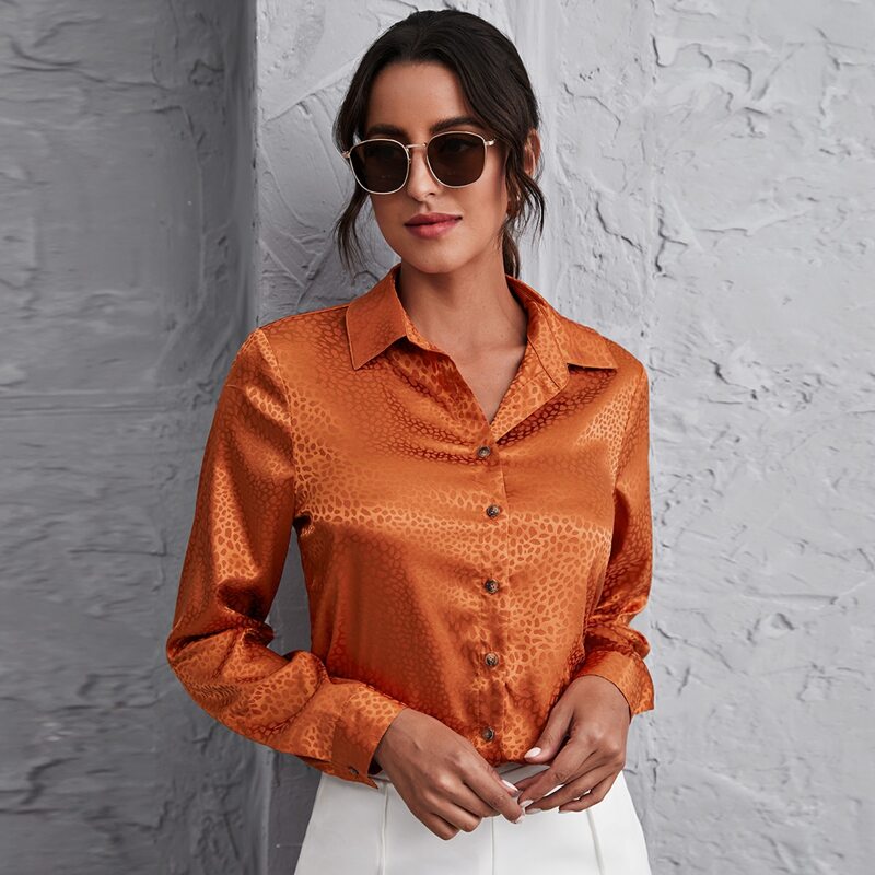 

Jacquard Satin Long Sleeve Blouse, Burnt orange