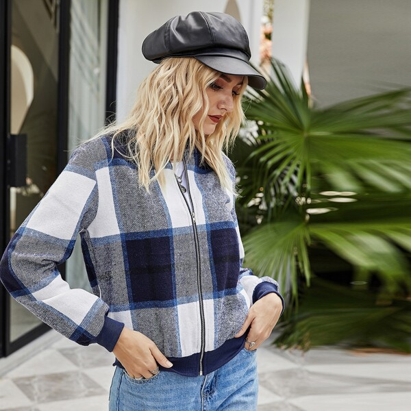 

Zip Up Plaid Bomber Jacket, Multicolor