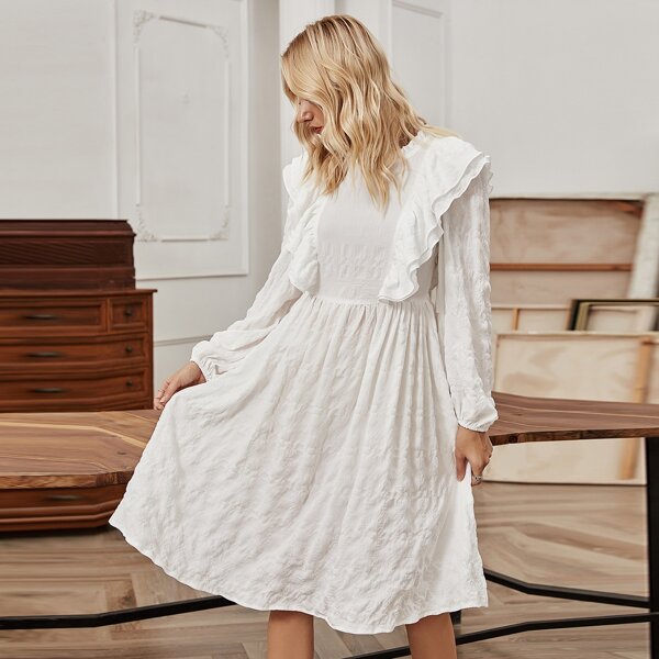 

Frill Neck Ruffle Trim Smock Dress, White